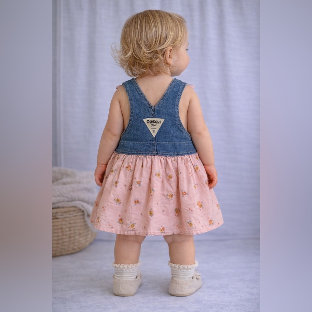 OshKosh Baby Girl Denim Overall Dress Pink Floral Skirt | NWT Size 9M - Picture 3 of 11